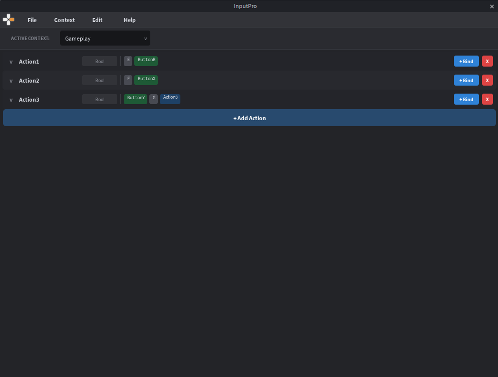 Main editor view with actions and bindings