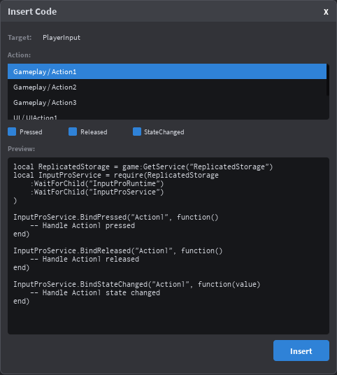 Insert Code popup with code preview